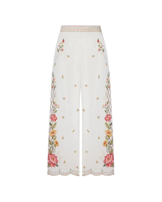 Farm Rio White Floral-Embroidered Palazzo Pants