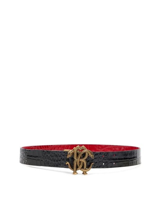 Roberto Cavalli White Mirror Snake Monogram Reversible Belt