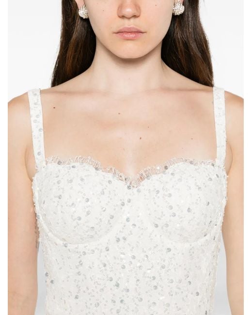 Adamaris White Sequin-Embroidered Lace-Trimmed Midi Dress