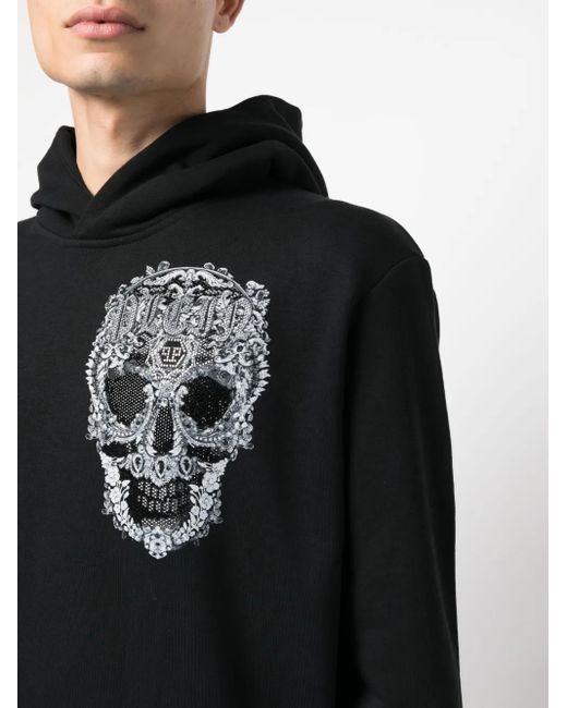 Philipp Plein Black Baroque Skull Cotton Hoodie for men