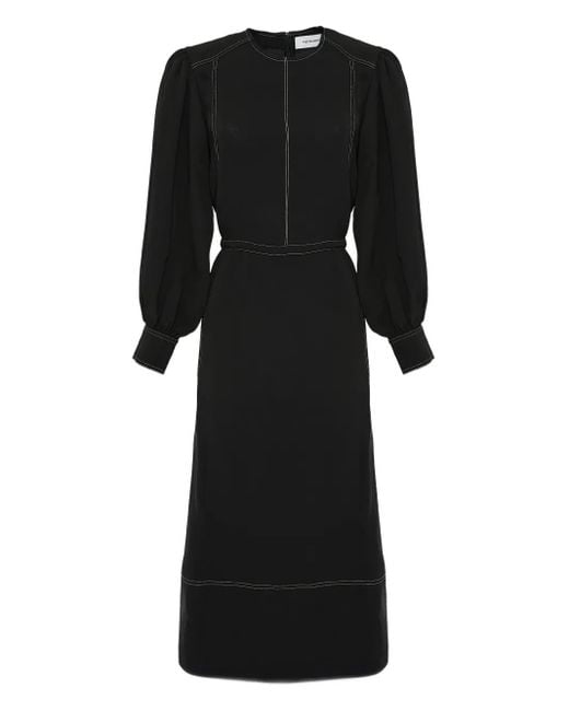 Yves Salomon Black Drawstring-Waist Puff-Sleeve Midi Dress