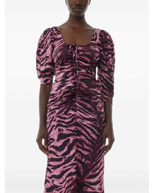 Ganni Purple Tiger-print Crinkled Midi Dress