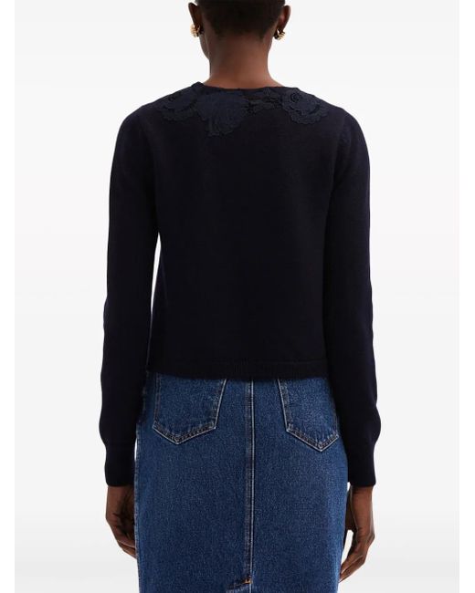 Oscar de la Renta Blue Mixed Botanical Lace-Panelled Cardigan