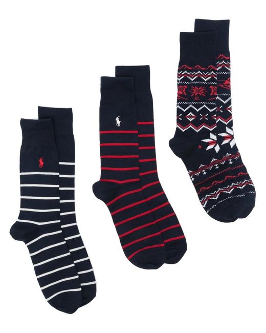 Polo Ralph Lauren Blue Fair Isle And Striped Socks (Pack Of Three)