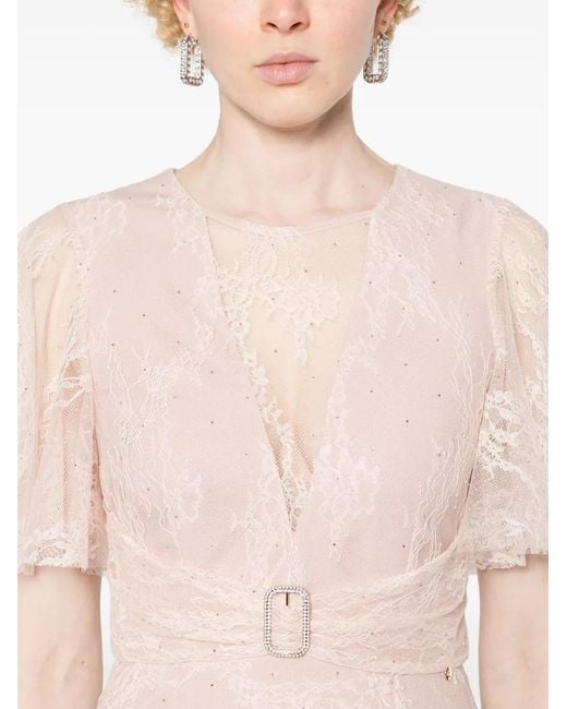 Nissa Pink Lace-Overlay Pleated Dress