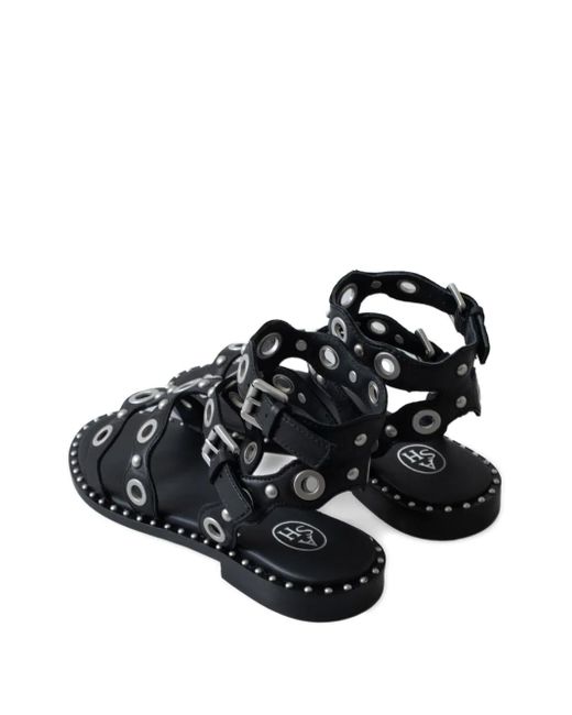 Ash Black Double-Buckle Leather Flat Sandals