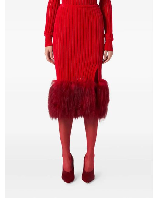 Blumarine Red Ribbed-Kit Midi Skirt