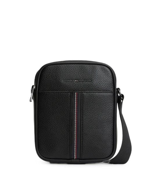 Tommy Hilfiger Black Pebble-Effect Stripe-Detail Messenger Bag for men