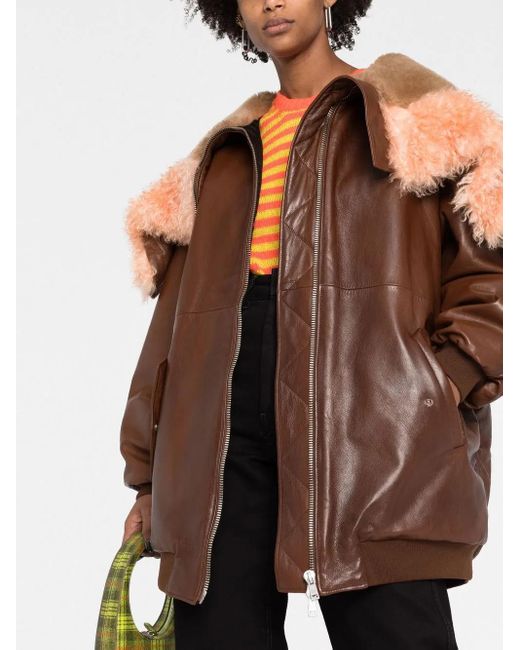 Prada Brown Shearling-Trim Zip-Up Leather Jacket