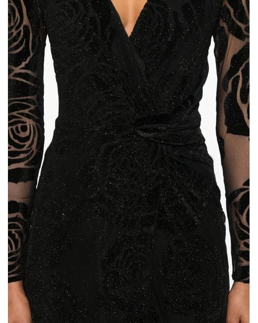 Nissa Black Rose-Print Glitter Maxi Dress