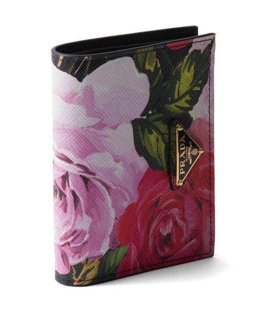 Prada Pink Small Floral-Print Leather Wallet