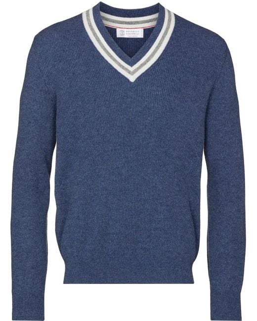 Brunello Cucinelli Blue V-Neck Cashmere Jumper for men