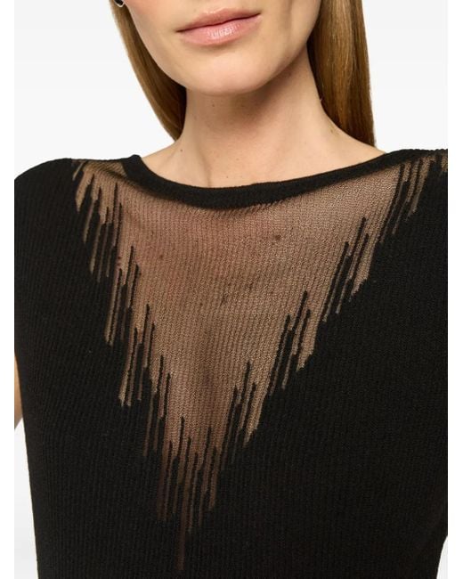 Genny Black Sheer-Panel Ribbed Top
