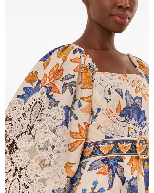 Farm Rio Blue Lace-Trimmed Floral Playsuit
