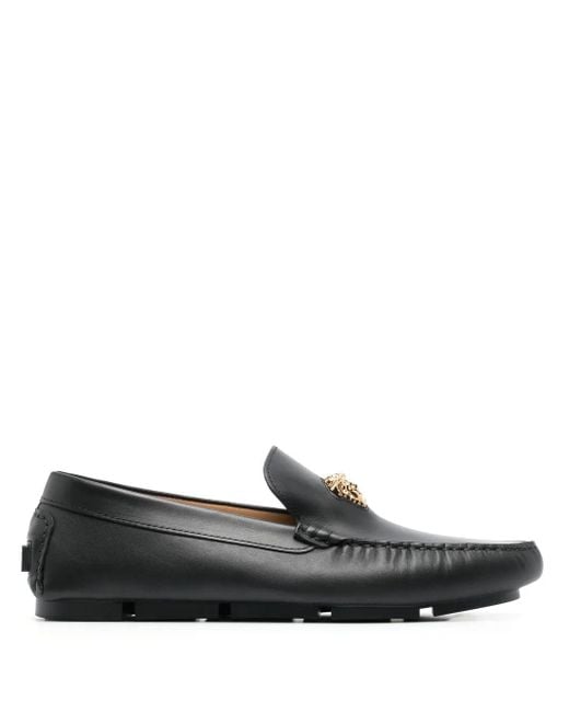 Versace Black Calf Leather La Medusa Loafers With Plaque for men