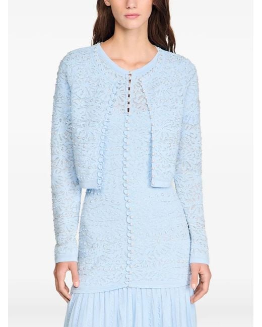 Sandro Blue Cropped Pearled Cardigan