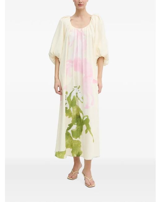Stine Goya White Horse-Print Puff-Sleeve Maxi Dress