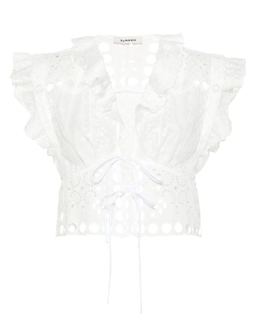 Sandro White Broderie-anglaise Cropped Blouse