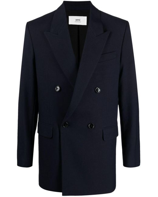 AMI Blue Double-breasted Virgin-wool Blazer for men