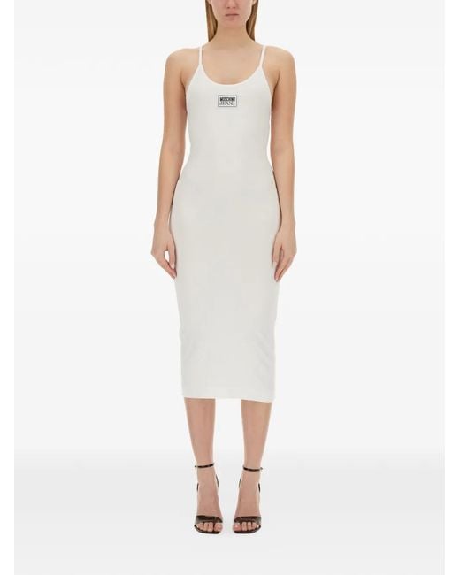 Moschino White Ribbed Logo-Patch Dress
