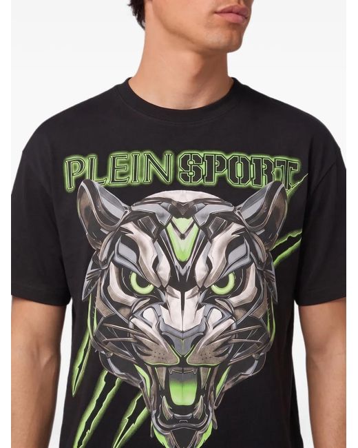 Philipp Plein Black Tiger-Print Logo-Print T-Shirt for men