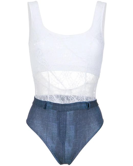 Amir Slama White Lace And Denim Swimsuit