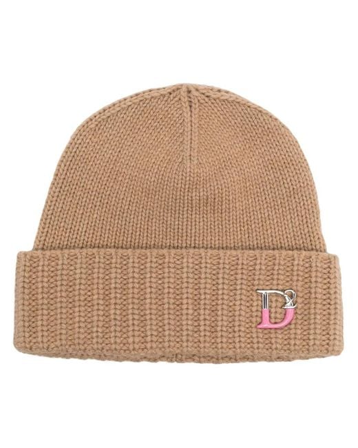 DSquared² Natural Gestrickte Beanie Mit Logo-Schild