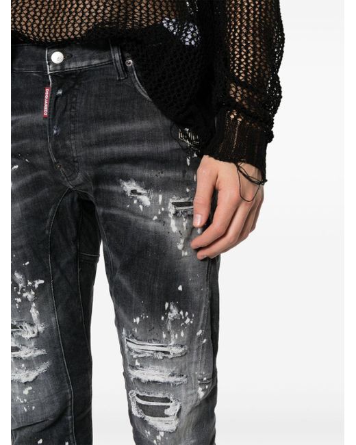 DSquared² Gray Logo-plaque Distressed Jeans for men
