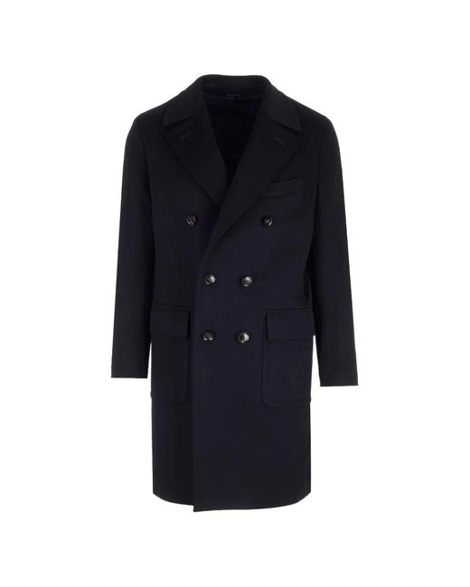 Al Duca D'aosta Blue Double-Breasted Cashmere Midi Coat for men