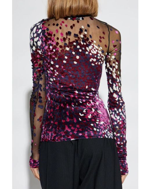 Lanvin Red Semi-Sheer Long-Sleeve Top