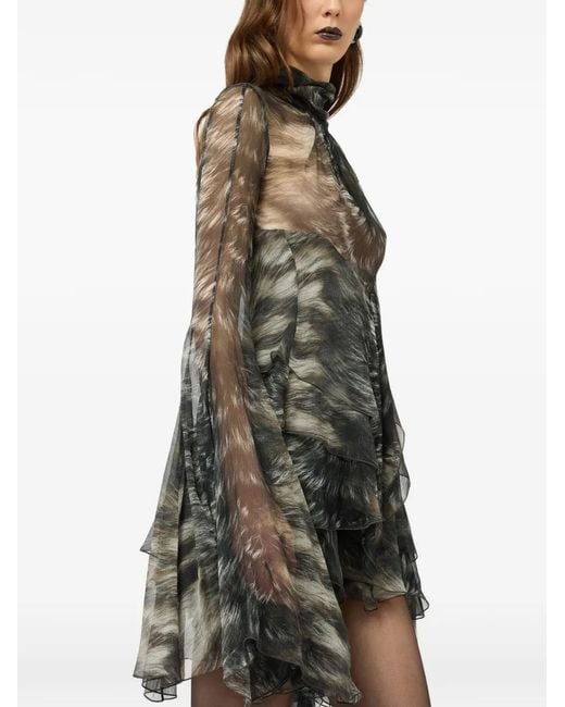 Roberto Cavalli Black Fur-Print Ruffled Mini Dress