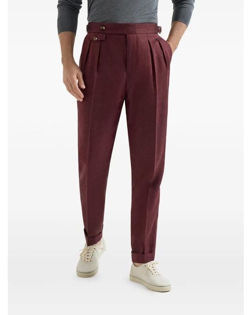 Brunello Cucinelli Red Linen And Virgin Wool Chevron Trousers With Double Pleats And Waist Tabs for men