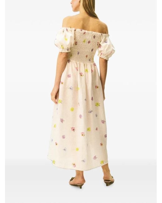 Sleeper White Belle Floral-Print Smocked Linen Midi Dress