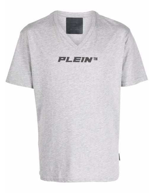 Philipp Plein Gray V-Neck Logo-Print T-Shirt for men
