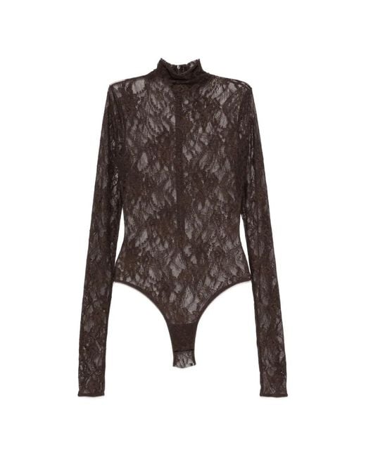 ANDAMANE Brown Ziggy Lace-Pattern High-Neck Bodysuit