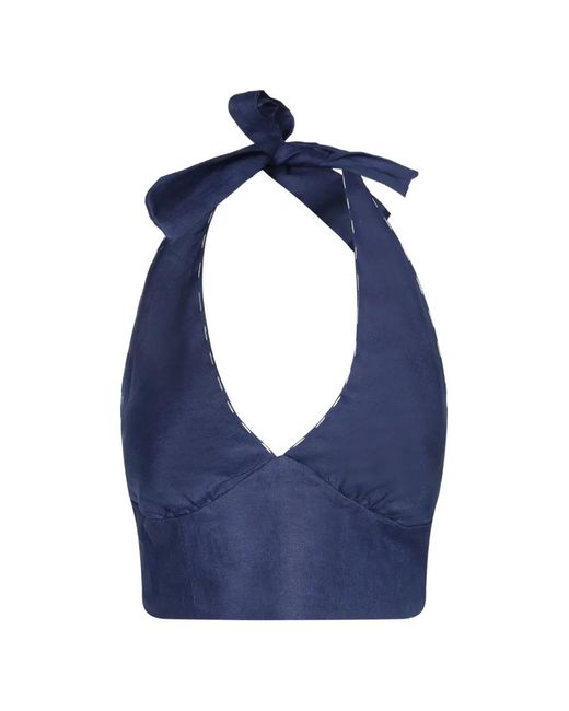 Cala De La Cruz Blue Contrast-Stitch Halterneck Top