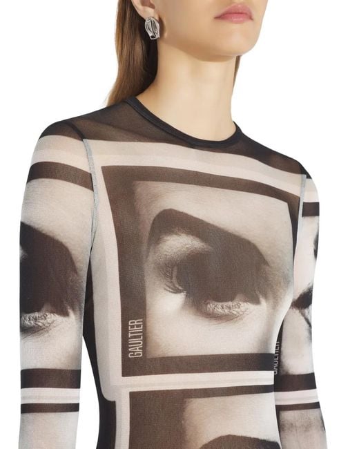 Jean Paul Gaultier Gray Re-Edition: Mesh Longsleeve Top Printed "Eyes And