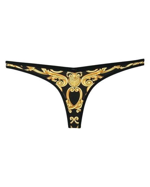 Versace Baroque Print Thong Bikini Bottoms in Black