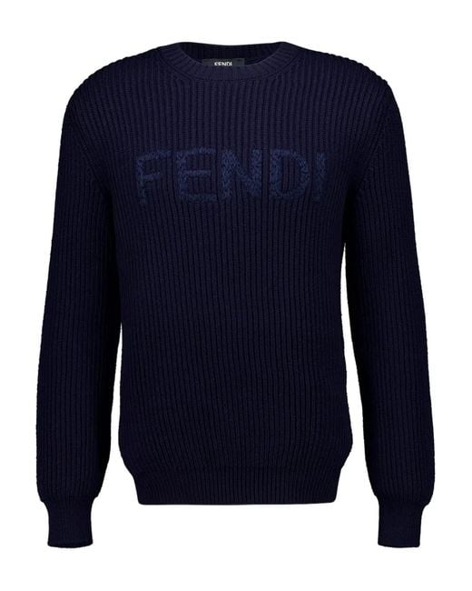 Fendi Blue Embroidered-Logo Long-Sleeved Sweater for men