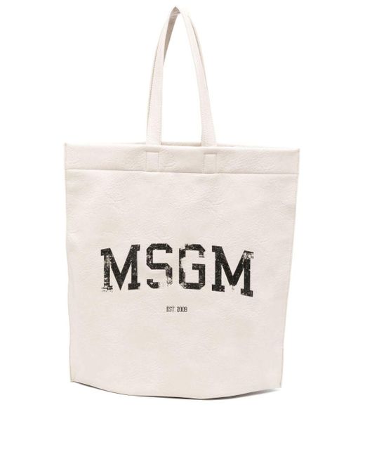 MSGM White Logo-print Tote Bag