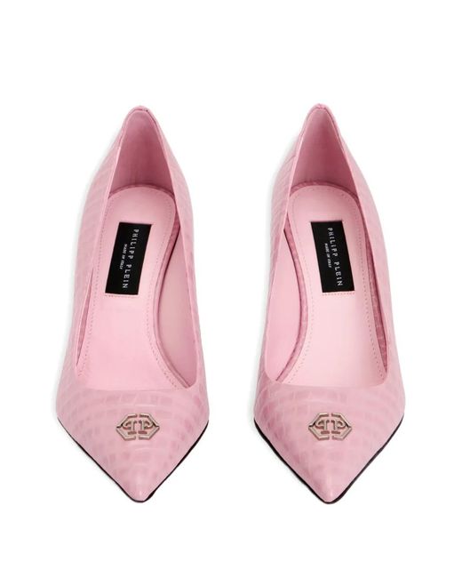 Philipp Plein Pink Croco Print Decolette Mid Heels Hexagon 9