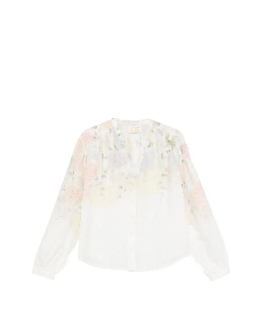 Mc2 Saint Barth White Liona Floral-Print Long-Sleeve Blouse
