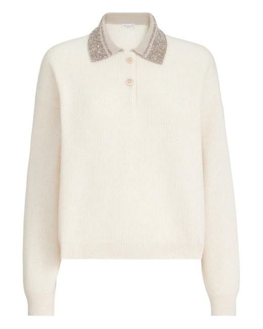 Brunello Cucinelli White Sequin-Collar Sweater