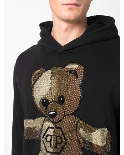 Philipp Plein Black Teddy Bear Rhinestone-Embellished Hoodie for men