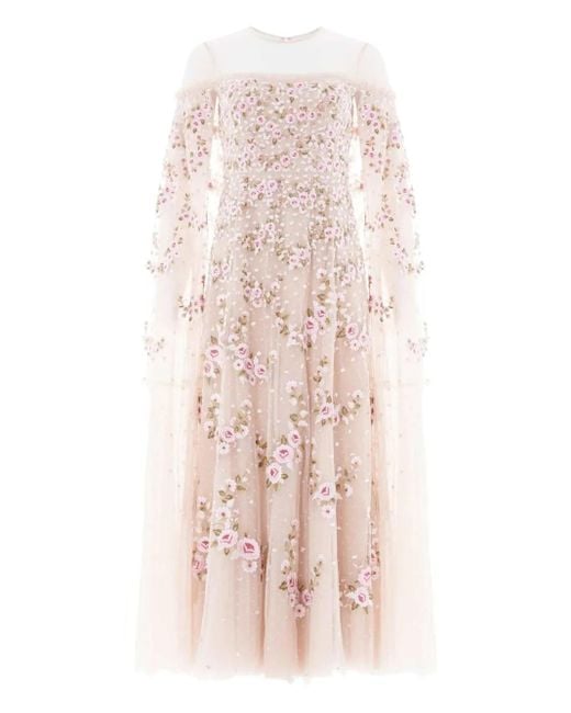 Needle & Thread Pink Crescent Roses Cape-Detail Midi Dress