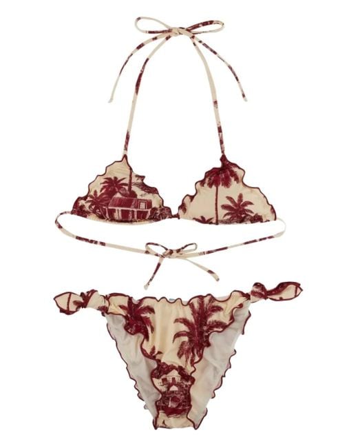 Mc2 Saint Barth Pink Palm-Tree Ruffled-Detail Bikini