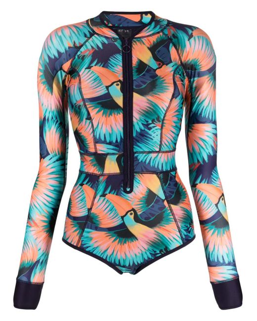 Duskii Blue Tucan-Print Zip-Up Swimsuit