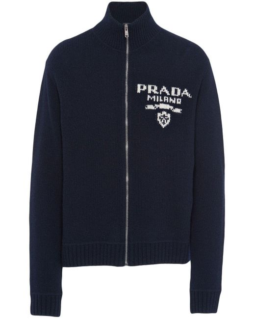 Prada Blue Intarsia-knit Logo Zip-up Cardigan for men