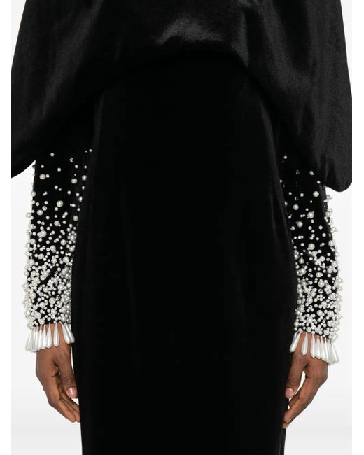 Jean Louis Sabaji Black Faux-Pearl Embellished Velvet Gown