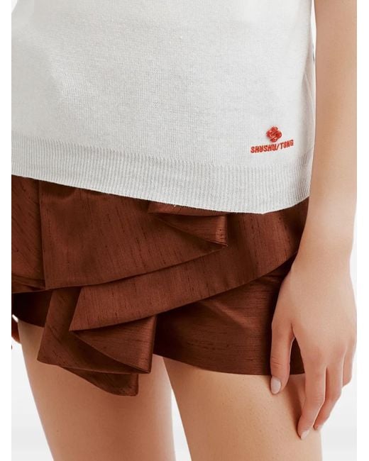 ShuShu/Tong White Ruffle-Trim Logo-Embroidered T-Shirt